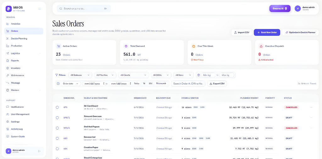 Mill OS Dashboard — Sales Orders